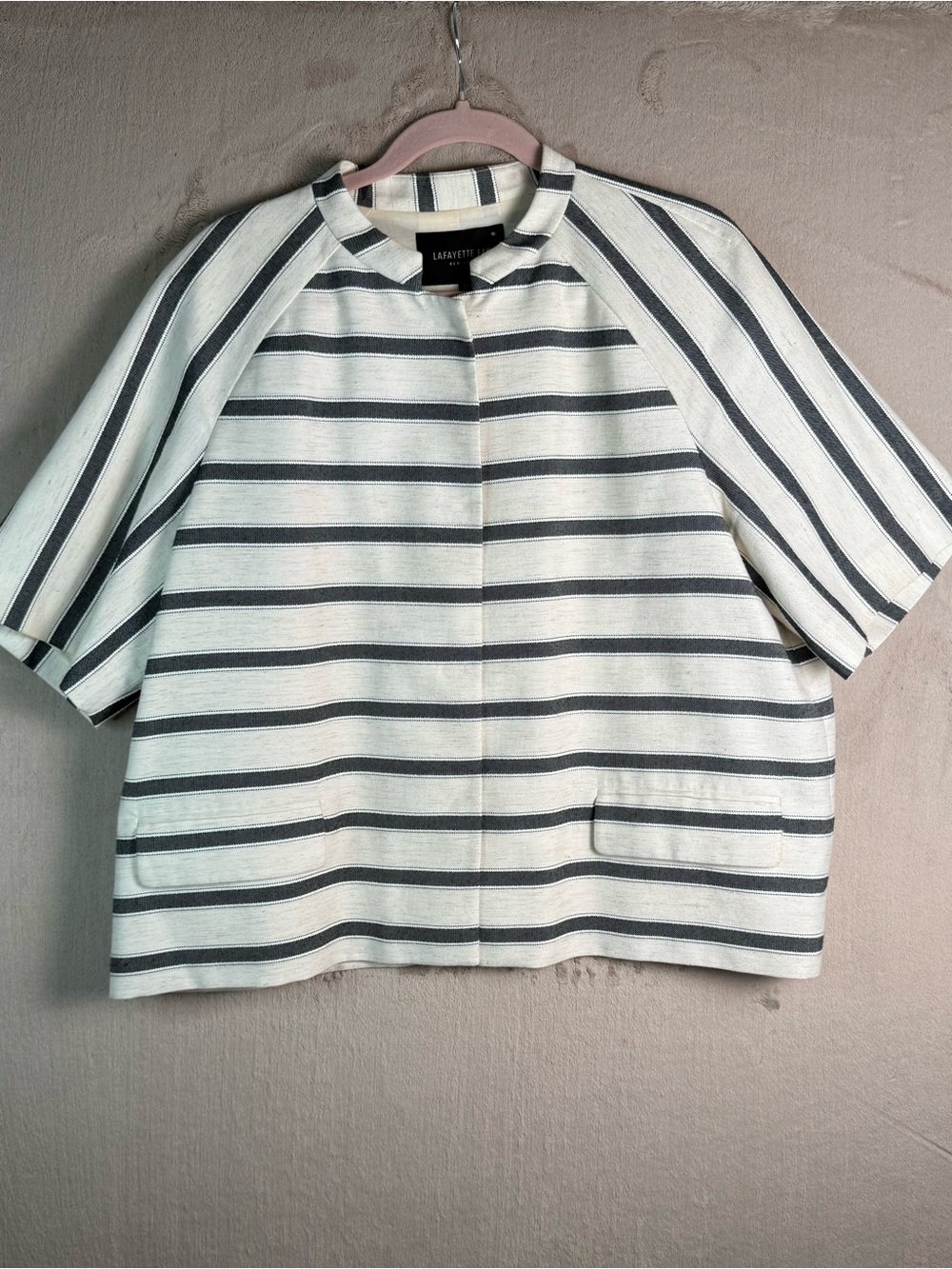 Lafayette 148 NY Striped Linen Blend Jacket Short Sleeve Boxy Crop Top L